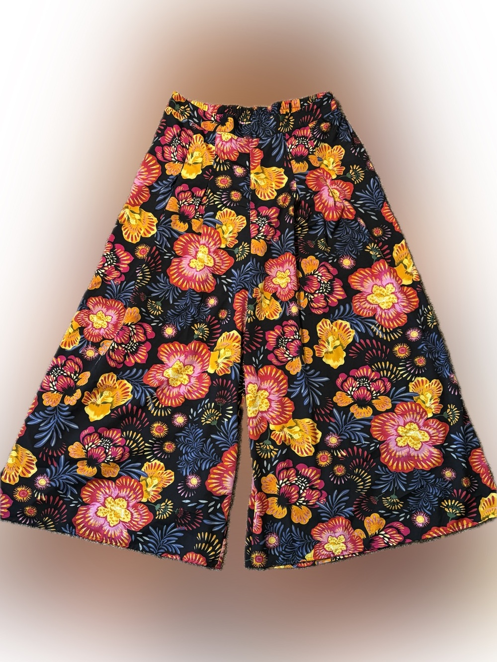 227. Moon Orchid Wide-Leg Pants with Pink & Yellow Blooms, Size XL